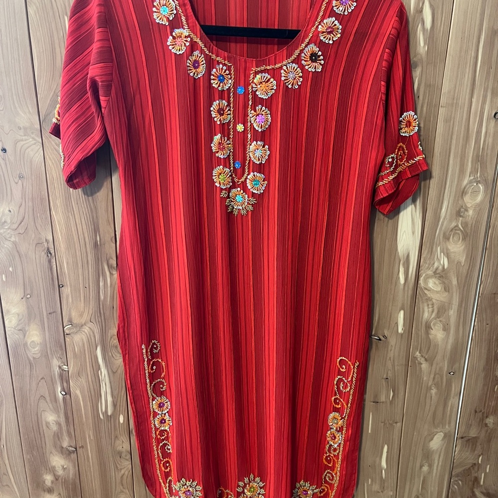 Vibrant Beaded Red Tunic Dress with Sheer Overlay | Handmade Look | One Size